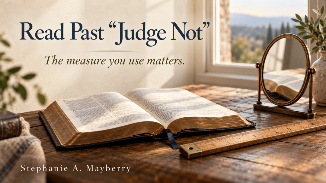 Open Bible beside a wooden measuring stick and tabletop mirror, with the title “Read Past ‘Judge Not’” and Stephanie A. Mayberry’s name.
