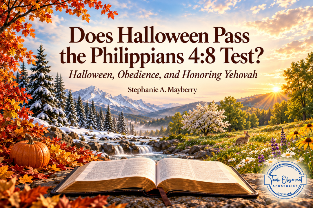 An open Bible before a landscape representing the four seasons, with a pumpkin, evergreen tree, and rabbit illustrating traditions believers should examine through Scripture.