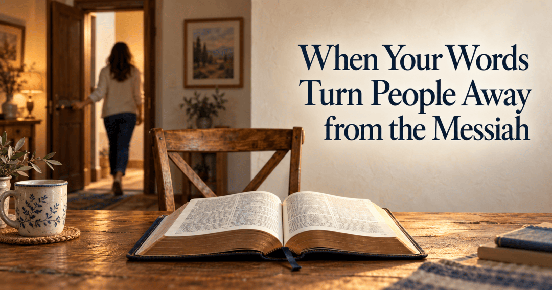 An open Bible and empty chair at a wooden table, with a softly blurred woman leaving through a door in the background.