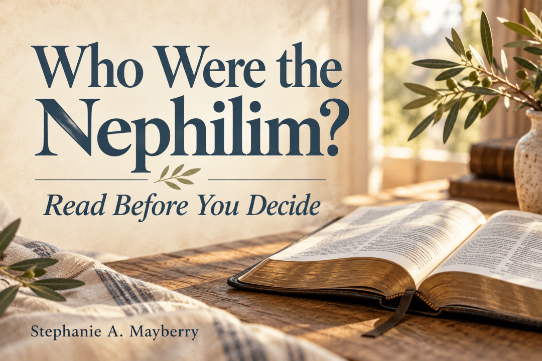Open Bible beside olive branches in warm light, with the title “Who Were the Nephilim? Read Before You Decide” and author Stephanie A. Mayberry.